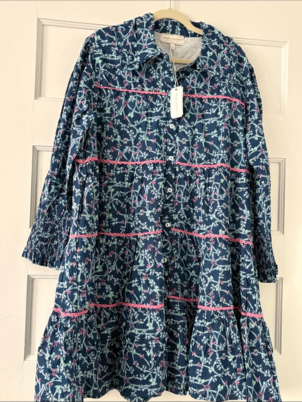 Simply Southern Navy Floral Tiered Button-Front Dress with Pink Trim